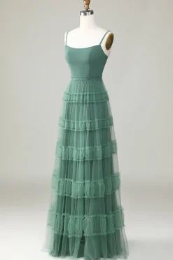 Eucalipto A Line Esparguete Correias Tule Vestido Madrinha