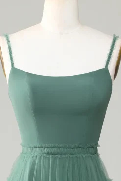 Eucalipto A Line Esparguete Correias Tule Vestido Madrinha