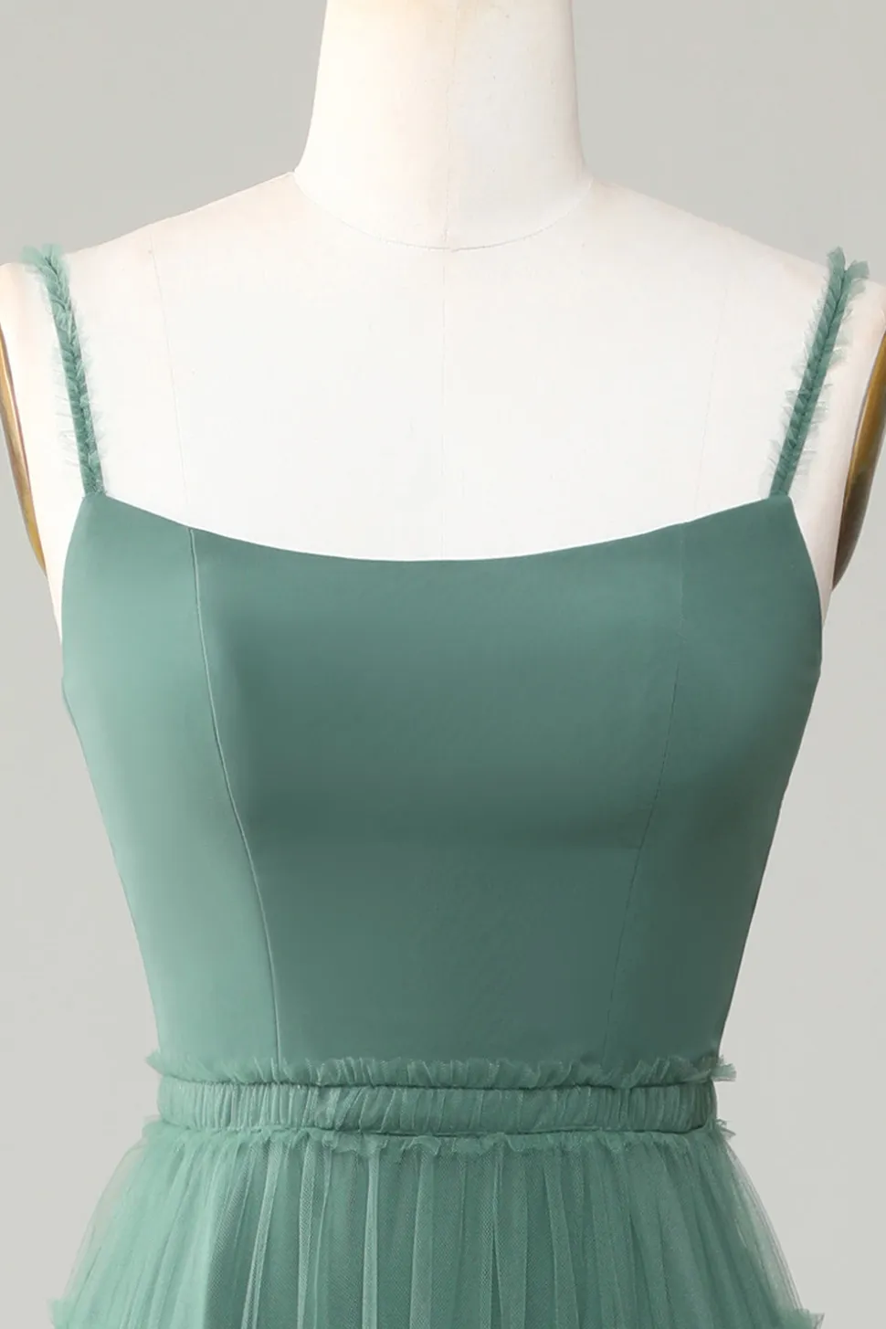 Eucalipto A Line Esparguete Correias Tule Vestido Madrinha