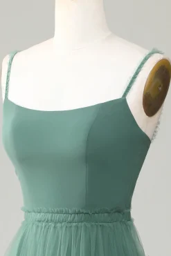 Eucalipto A Line Esparguete Correias Tule Vestido Madrinha