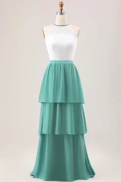 Eucalipto A Line Tiered Ruffled Long Bridesmaid Dress With Lace
