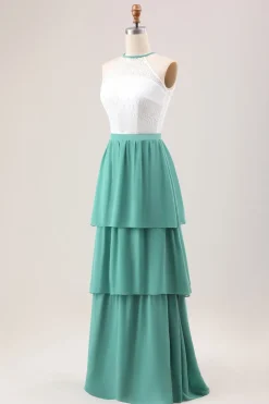 Eucalipto A Line Tiered Ruffled Long Bridesmaid Dress With Lace