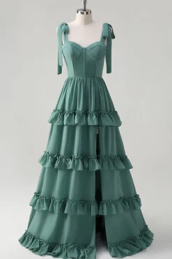 Eucalipto A-Line Bow Tie Straps Corset Ruffles Chiffon Long Vestido Madrinha com Fenda
