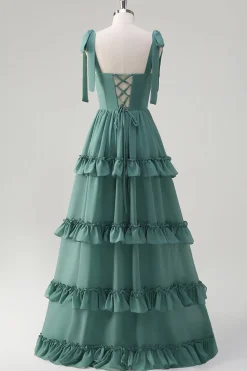 Eucalipto A-Line Bow Tie Straps Corset Ruffles Chiffon Long Vestido Madrinha com Fenda
