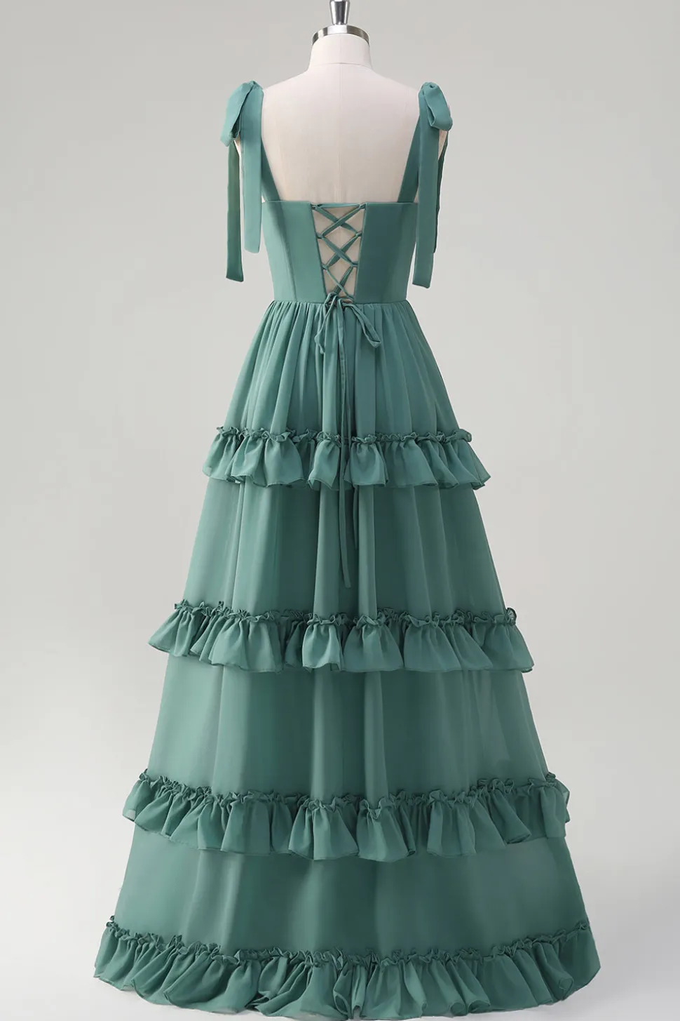 Eucalipto A-Line Bow Tie Straps Corset Ruffles Chiffon Long Vestido Madrinha com Fenda