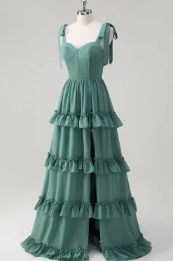 Eucalipto A-Line Bow Tie Straps Corset Ruffles Chiffon Long Vestido Madrinha com Fenda