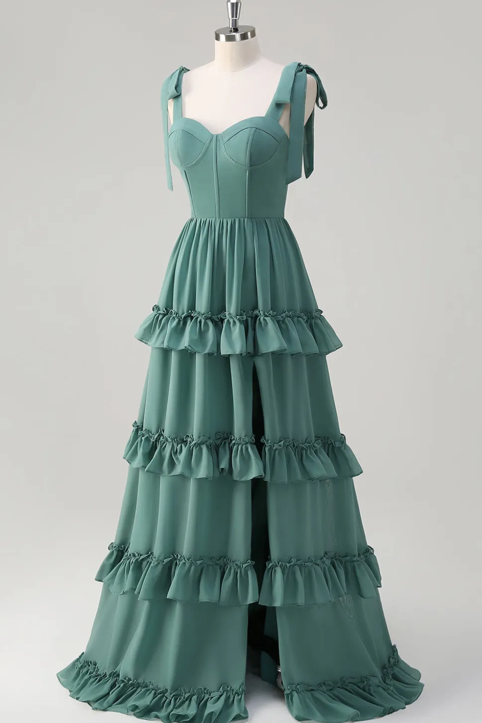 Eucalipto A-Line Bow Tie Straps Corset Ruffles Chiffon Long Vestido Madrinha com Fenda