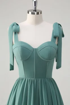 Eucalipto A-Line Bow Tie Straps Corset Ruffles Chiffon Long Vestido Madrinha com Fenda