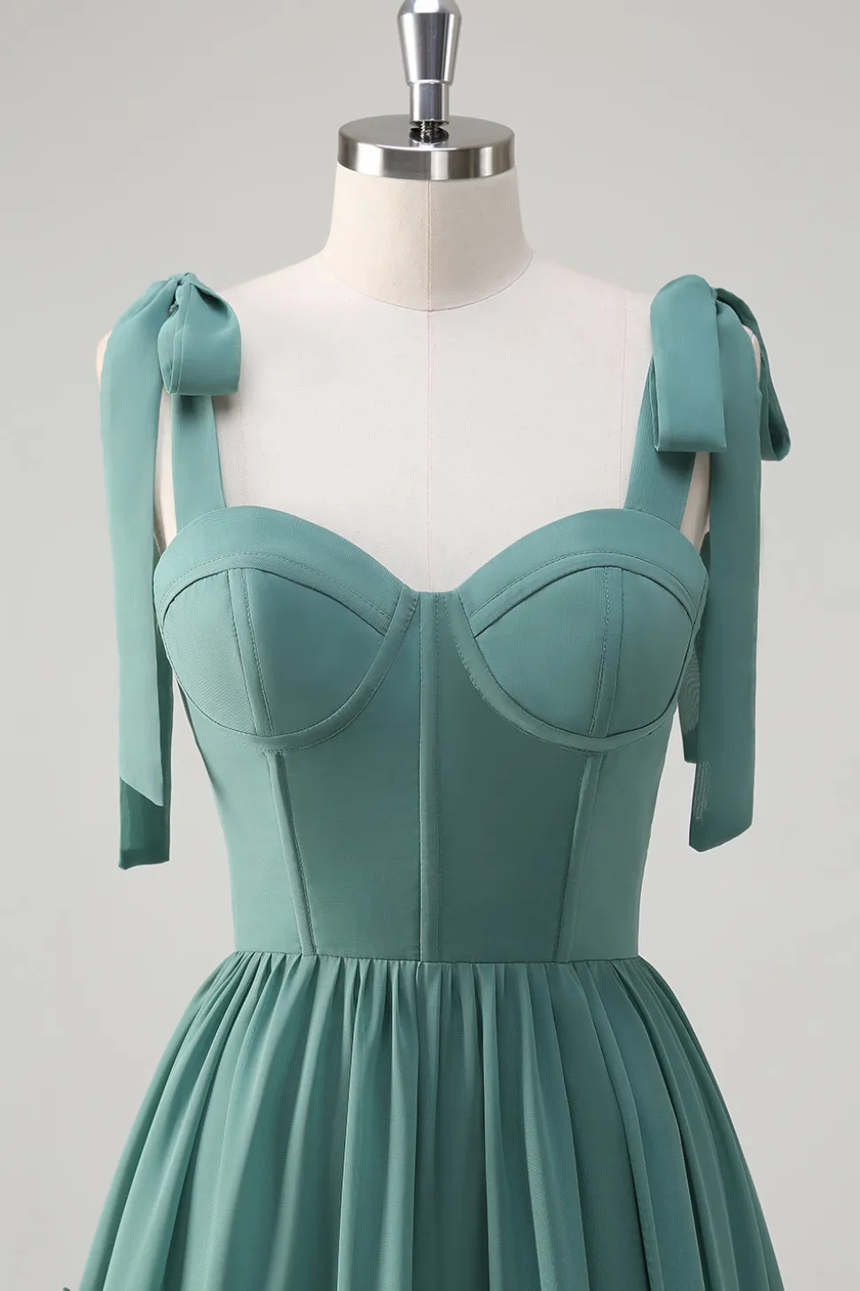 Eucalipto A-Line Bow Tie Straps Corset Ruffles Chiffon Long Vestido Madrinha com Fenda