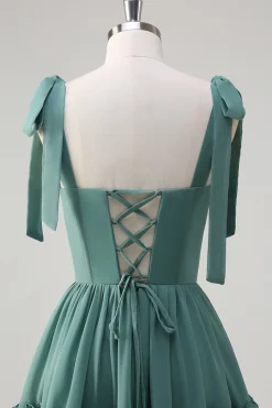 Eucalipto A-Line Bow Tie Straps Corset Ruffles Chiffon Long Vestido Madrinha com Fenda