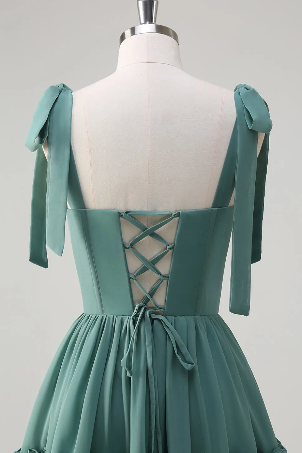 Eucalipto A-Line Bow Tie Straps Corset Ruffles Chiffon Long Vestido Madrinha com Fenda