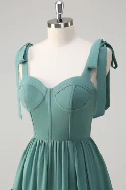 Eucalipto A-Line Bow Tie Straps Corset Ruffles Chiffon Long Vestido Madrinha com Fenda