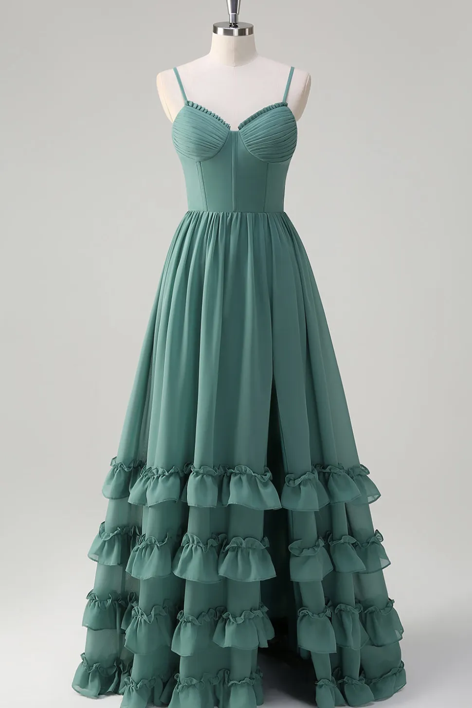 Eucalipto A-Line Corset babado Chiffon longo vestido de dama de honra com fenda