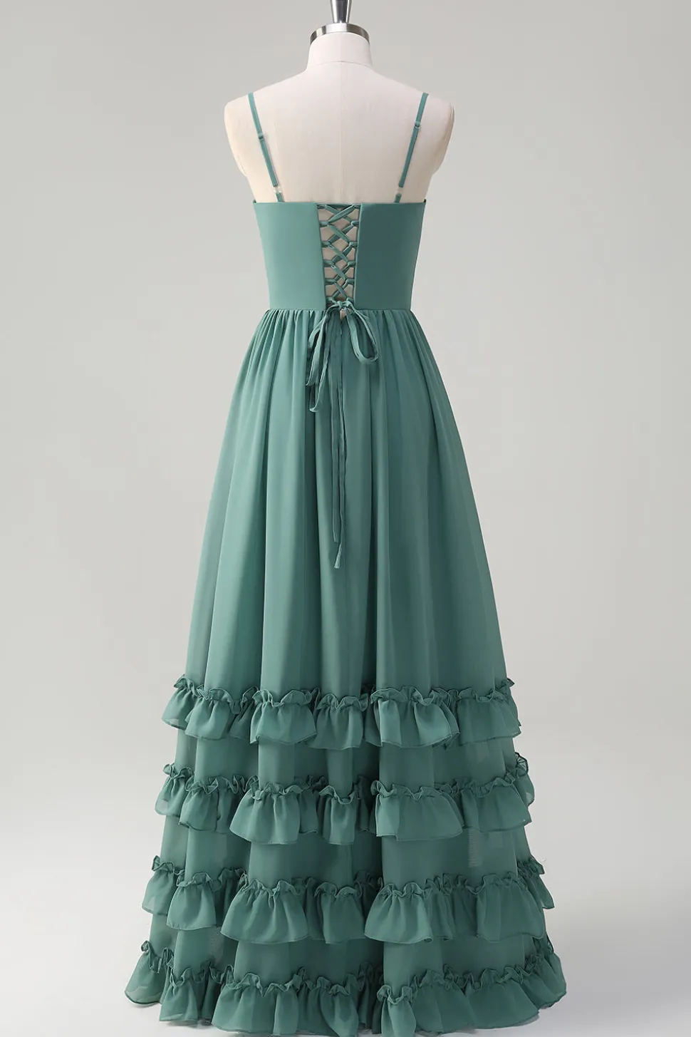 Eucalipto A-Line Corset babado Chiffon longo vestido de dama de honra com fenda
