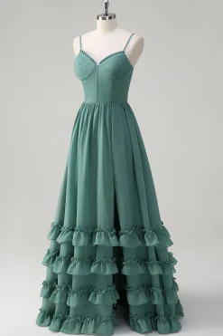 Eucalipto A-Line Corset babado Chiffon longo vestido de dama de honra com fenda