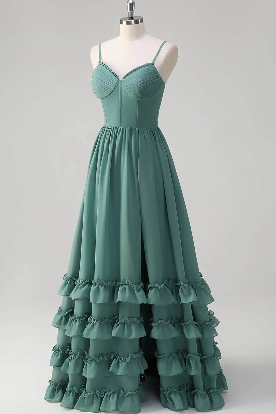 Eucalipto A-Line Corset babado Chiffon longo vestido de dama de honra com fenda