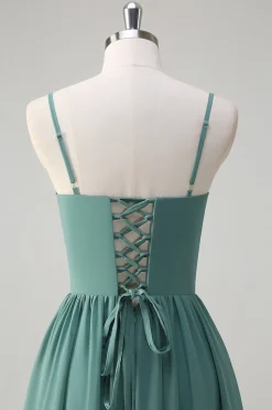 Eucalipto A-Line Corset babado Chiffon longo vestido de dama de honra com fenda