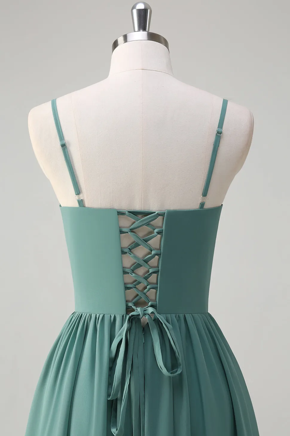 Eucalipto A-Line Corset babado Chiffon longo vestido de dama de honra com fenda