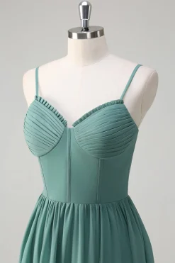 Eucalipto A-Line Corset babado Chiffon longo vestido de dama de honra com fenda