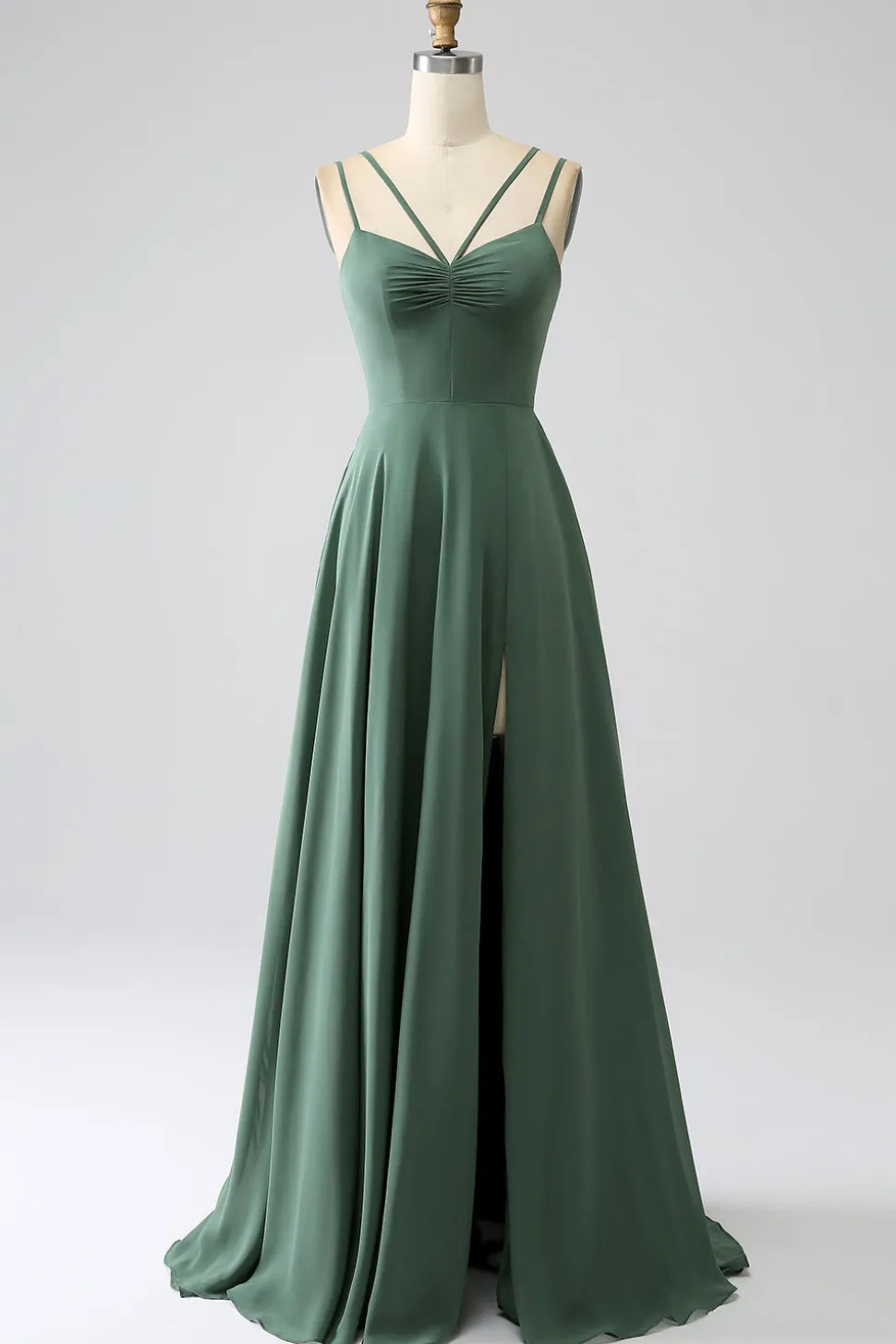 Eucalipto A-Line Esparguete Alças Backless plissado longo vestido de dama de honra