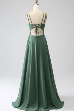 Eucalipto A-Line Esparguete Alças Backless plissado longo vestido de dama de honra