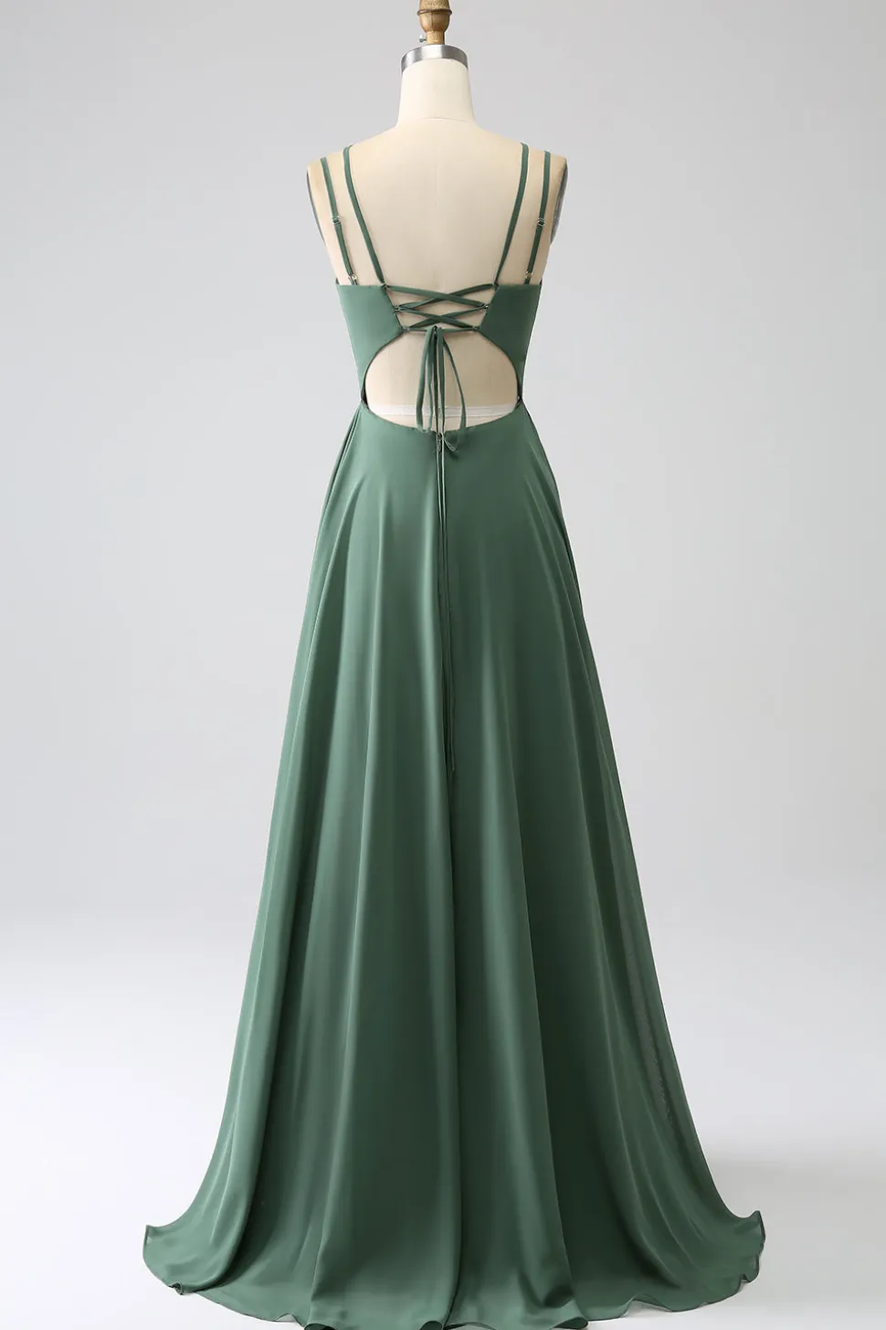 Eucalipto A-Line Esparguete Alças Backless plissado longo vestido de dama de honra