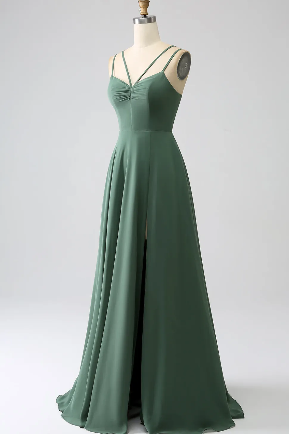 Eucalipto A-Line Esparguete Alças Backless plissado longo vestido de dama de honra