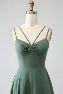 Eucalipto A-Line Esparguete Alças Backless plissado longo vestido de dama de honra