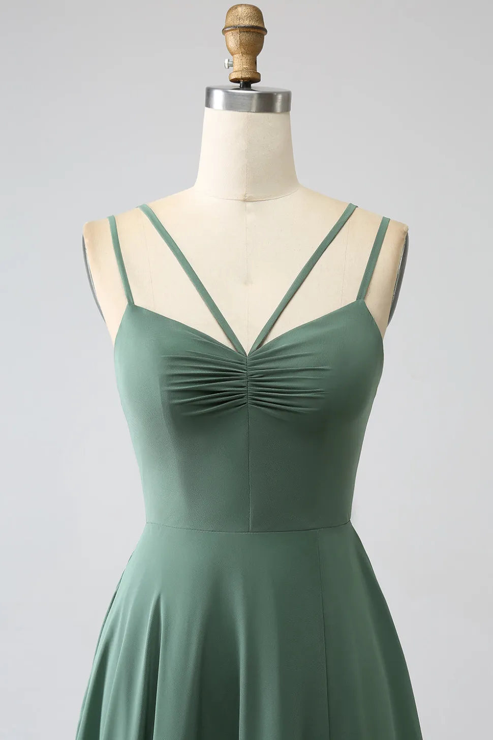 Eucalipto A-Line Esparguete Alças Backless plissado longo vestido de dama de honra