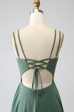Eucalipto A-Line Esparguete Alças Backless plissado longo vestido de dama de honra