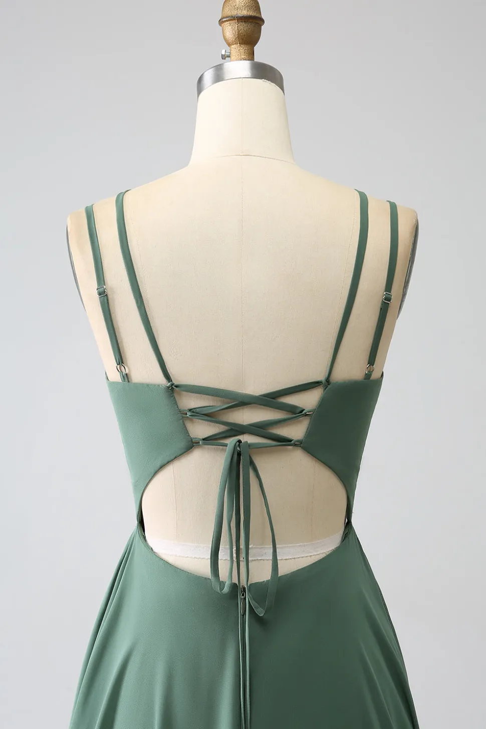 Eucalipto A-Line Esparguete Alças Backless plissado longo vestido de dama de honra