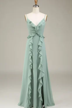 Eucalipto A-Line V-Neck Chiffon vestido de dama de honra com babados