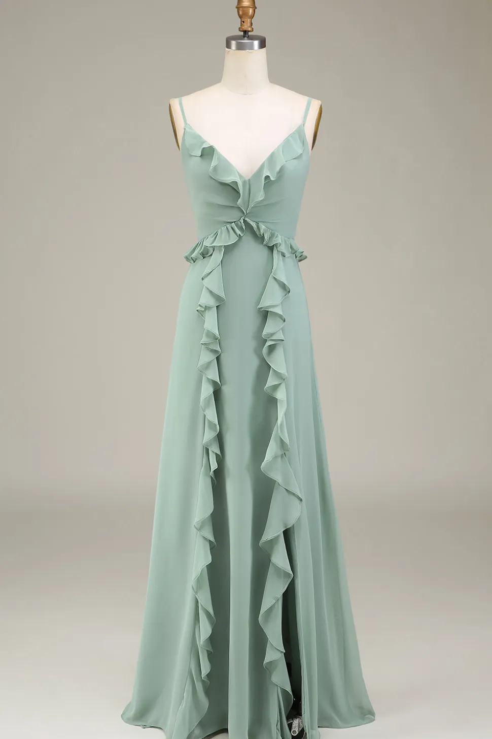 Eucalipto A-Line V-Neck Chiffon vestido de dama de honra com babados