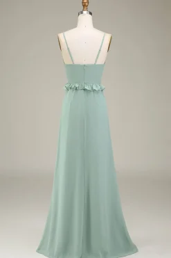 Eucalipto A-Line V-Neck Chiffon vestido de dama de honra com babados