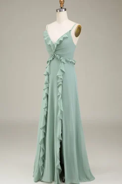 Eucalipto A-Line V-Neck Chiffon vestido de dama de honra com babados