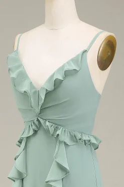 Eucalipto A-Line V-Neck Chiffon vestido de dama de honra com babados