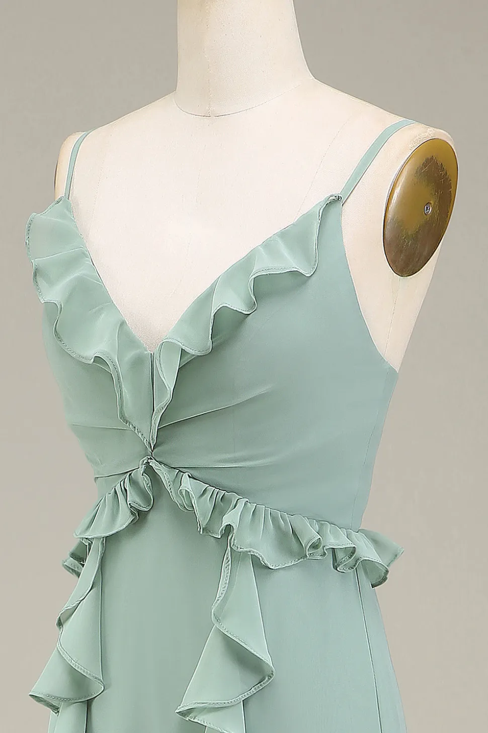 Eucalipto A-Line V-Neck Chiffon vestido de dama de honra com babados