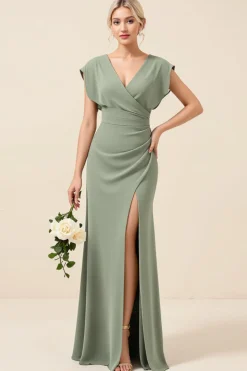 Eucalipto Decote em V Bainha Chiffon Longo Vestidos de Damas de Honor com Fenda