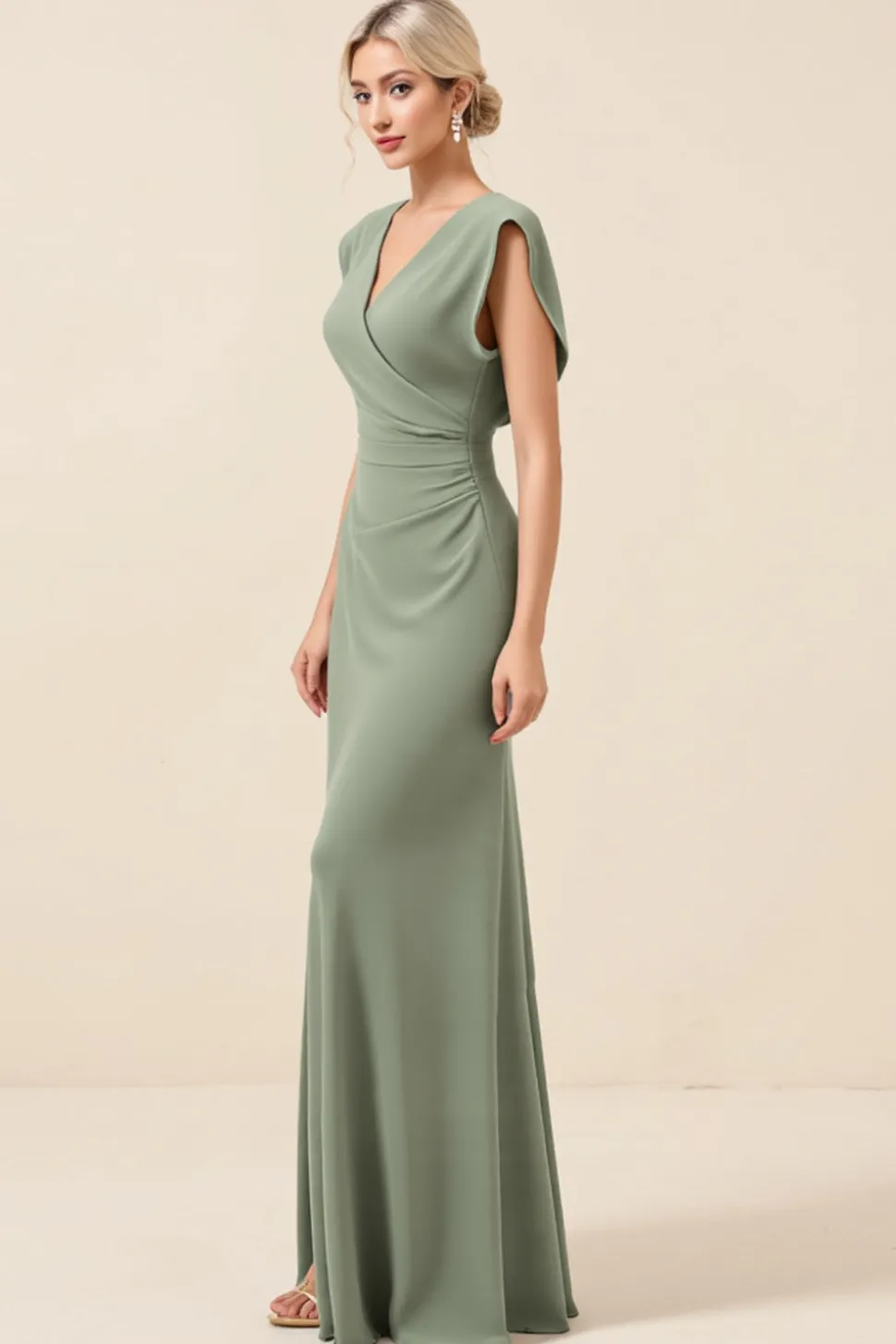 Eucalipto Decote em V Bainha Chiffon Longo Vestidos de Damas de Honor com Fenda