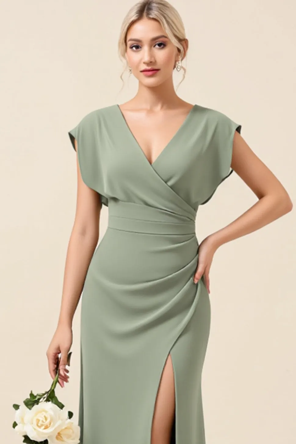 Eucalipto Decote em V Bainha Chiffon Longo Vestidos de Damas de Honor com Fenda
