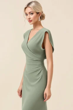 Eucalipto Decote em V Bainha Chiffon Longo Vestidos de Damas de Honor com Fenda