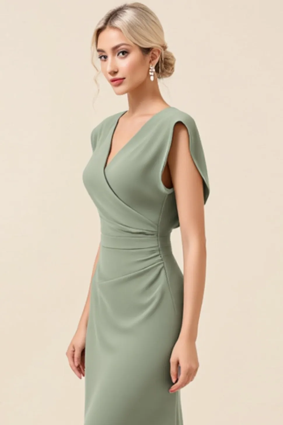 Eucalipto Decote em V Bainha Chiffon Longo Vestidos de Damas de Honor com Fenda
