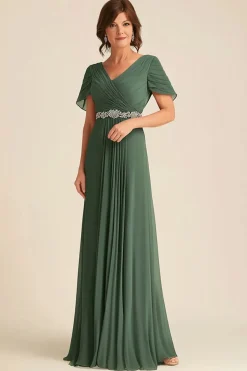 Eucalipto elegante uma linha Ruched mãe de vestido de noiva com cinto