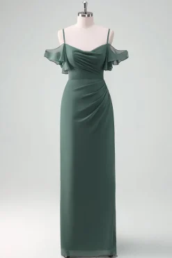 Eucalipto Esparguete Alças Bainha Longo Chiffon Vestido Madrinha