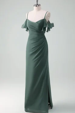 Eucalipto Esparguete Alças Bainha Longo Chiffon Vestido Madrinha
