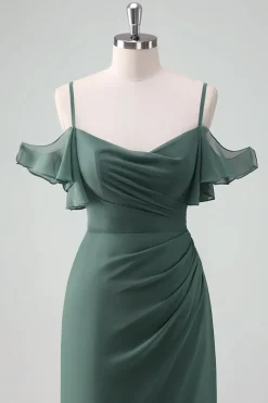 Eucalipto Esparguete Alças Bainha Longo Chiffon Vestido Madrinha