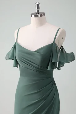 Eucalipto Esparguete Alças Bainha Longo Chiffon Vestido Madrinha