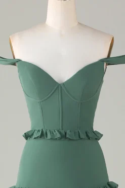 Eucalipto fora do ombro espartilho longo vestido de dama de honra