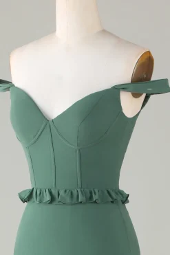 Eucalipto fora do ombro espartilho longo vestido de dama de honra