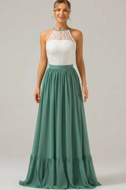 Eucalipto Keyhole Boho Chiffon Long Vestido de Madrinha com Renda